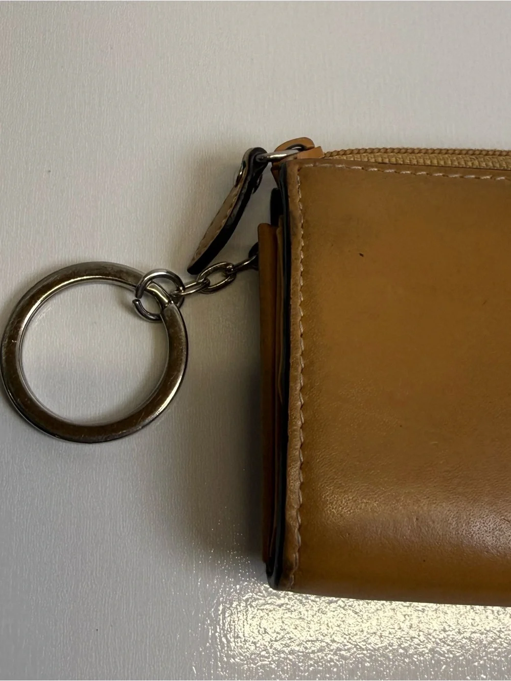 Lodis Cream Tan Teal Leather Mini Wallet Credit Card Holder Key Ring Zip Around